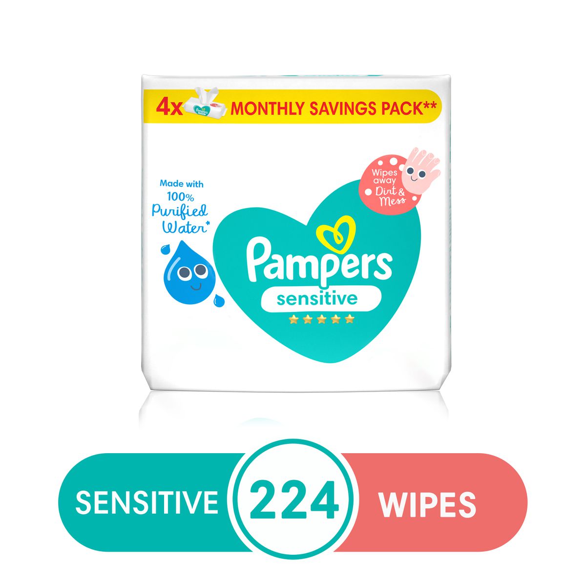 Pampers Sensitive Wipes - 224 (4x56) - 100% Purified Water Wipes