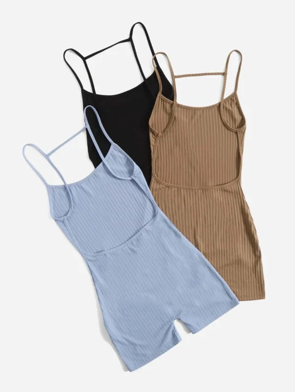 3pcs Solid Backless Cami Romper - Image 3