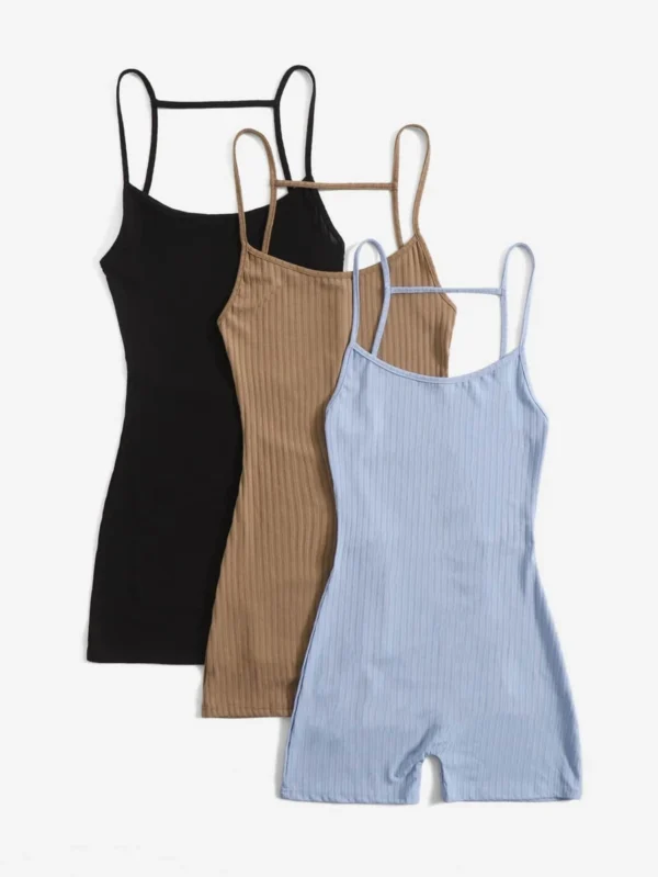 3pcs Solid Backless Cami Romper