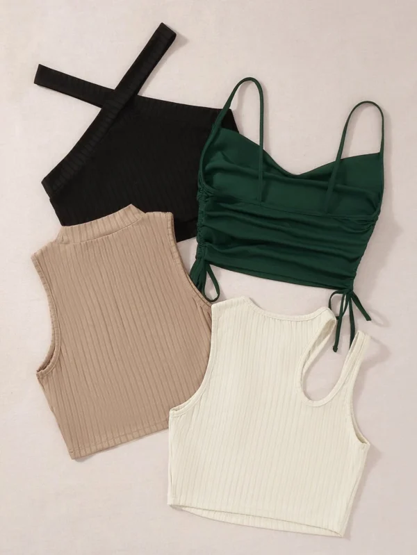 1pc Drawstring Cami Top & 2pcs Tank Top & 1pc Halter Top, Going Out Top - Image 2