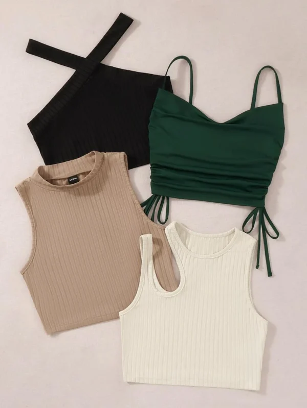 1pc Drawstring Cami Top & 2pcs Tank Top & 1pc Halter Top, Going Out Top