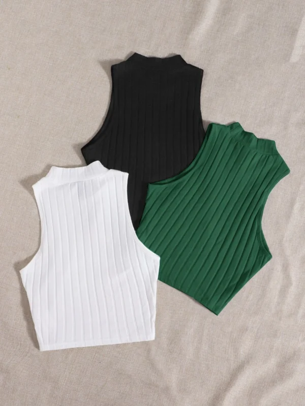 3 Packs Mock Neck Rib-Knit Summer Outfits Tank Top - Image 2