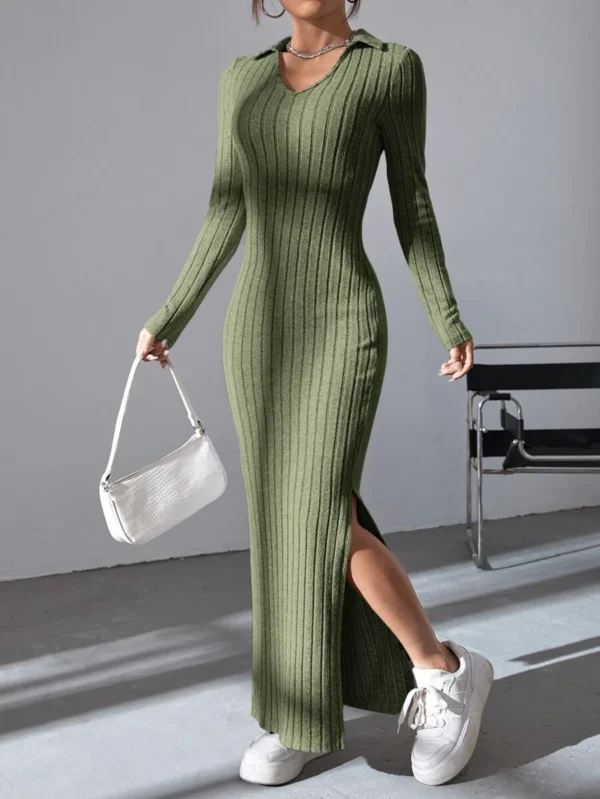 Solid Ribbed Knit Split Thigh Dress - Image 5