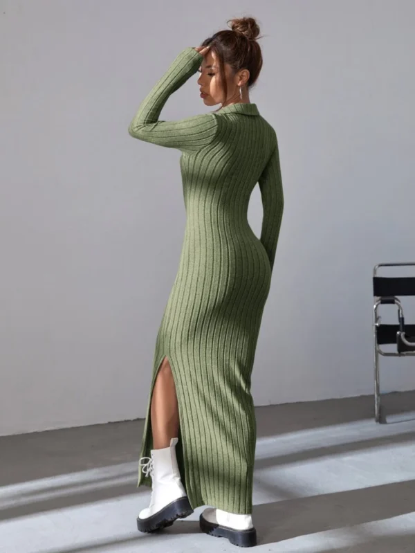 Solid Ribbed Knit Split Thigh Dress - Image 4