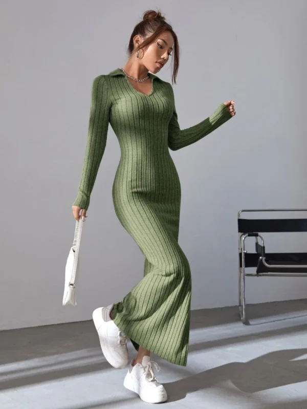 Solid Ribbed Knit Split Thigh Dress - Image 3