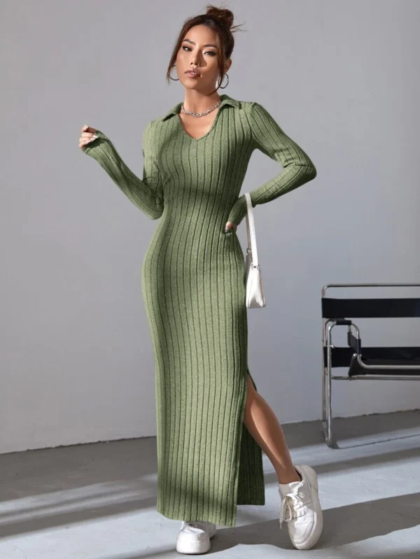 Solid Ribbed Knit Split Thigh Dress - Image 2