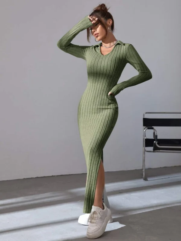 Solid Ribbed Knit Split Thigh Dress